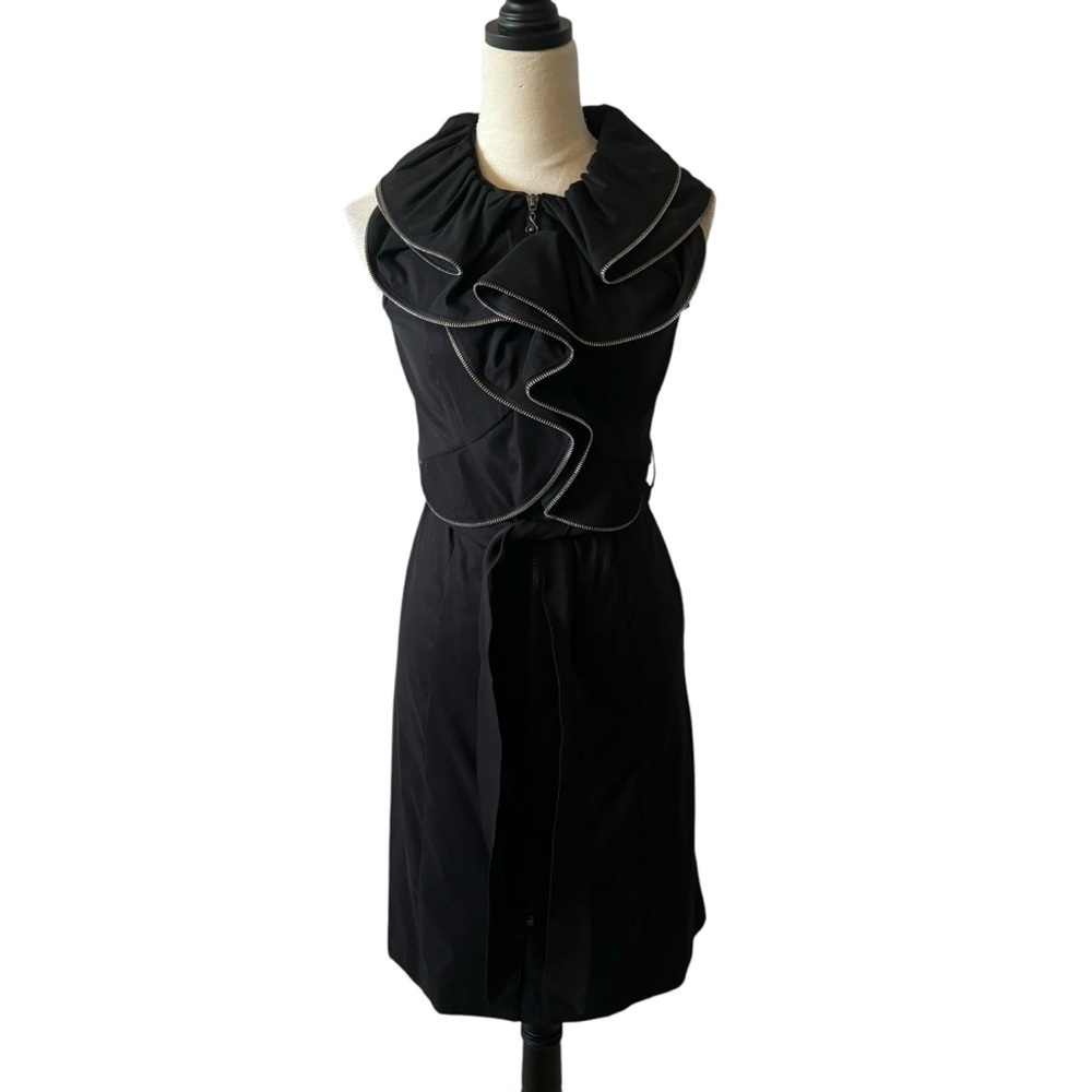 Samuel Dong Black Ruffle Zipper Front Zip Belted Midi Dress Size Small
